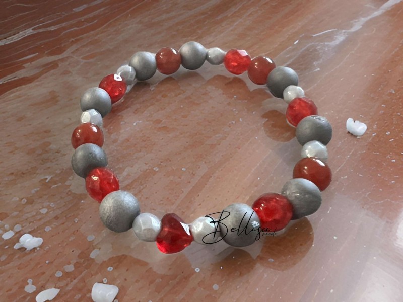 Jadeit červený + achát sivý + Swarovski
